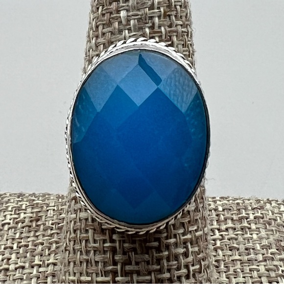 New Blue Chalcedony Agate Stone Oval Faceted Silver Overlay Ring Size 7.75 - 8 - Picture 6 of 10